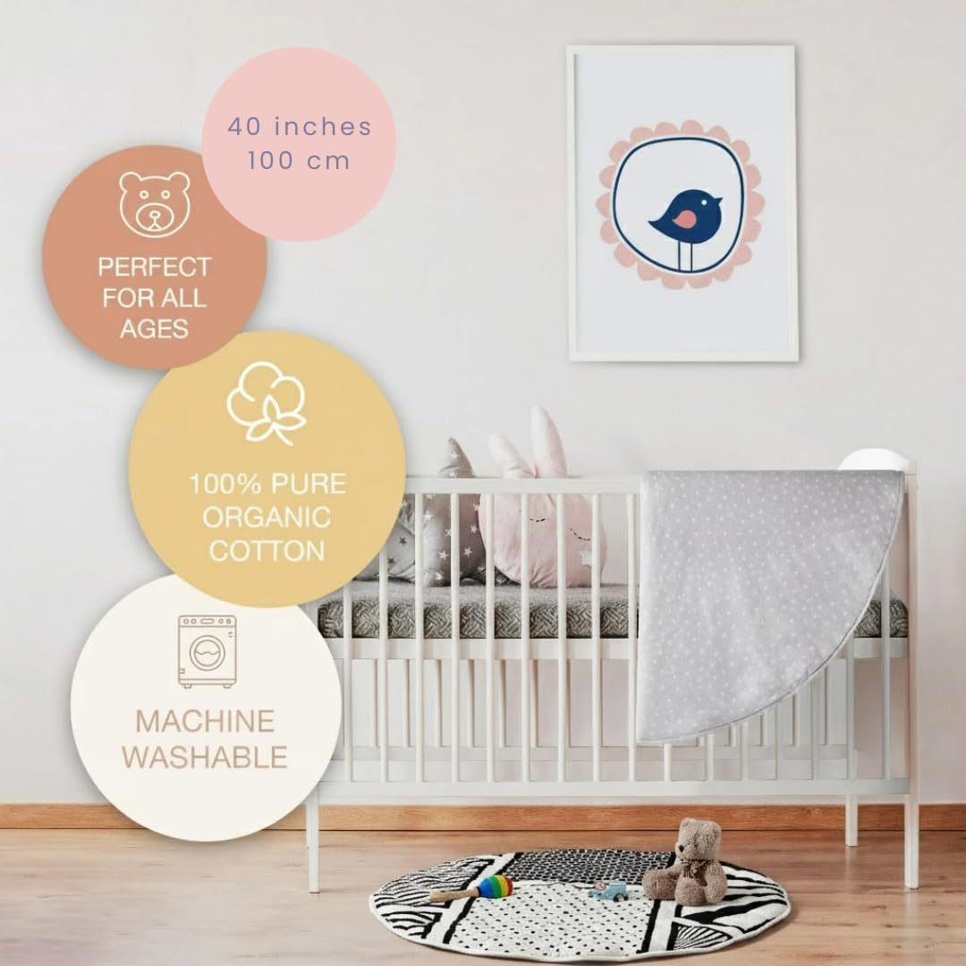Byrd & Blume Round Baby Play Mat, Reversible Quilted Organic Cotton, Soft Circle Nursery Rug, Non Toxic, Foldable Portable, 40 Inch, Gray Stars/Solid Gray