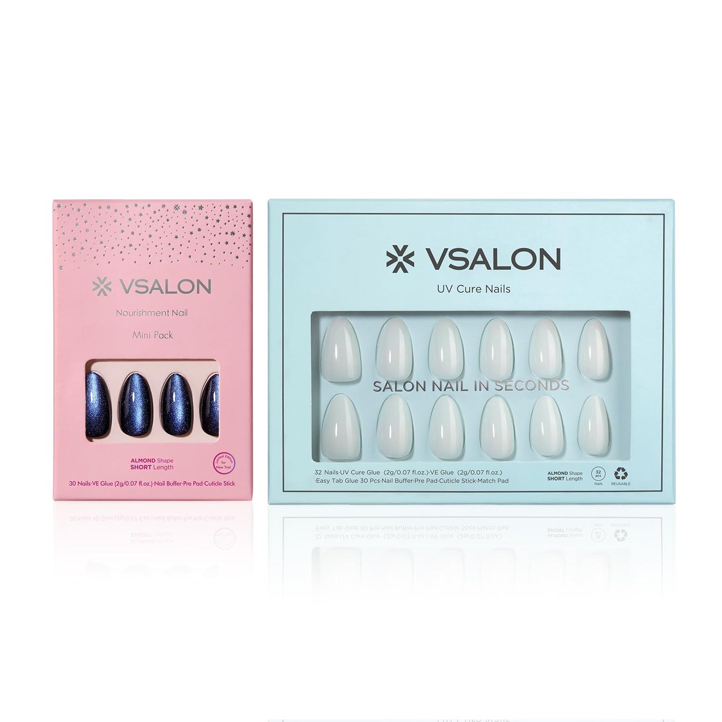 VSALON Almond Short Press On Nails, Milky White Sheer Jelly Finish Nail Kit & Blue Cat Eye Mini Pack