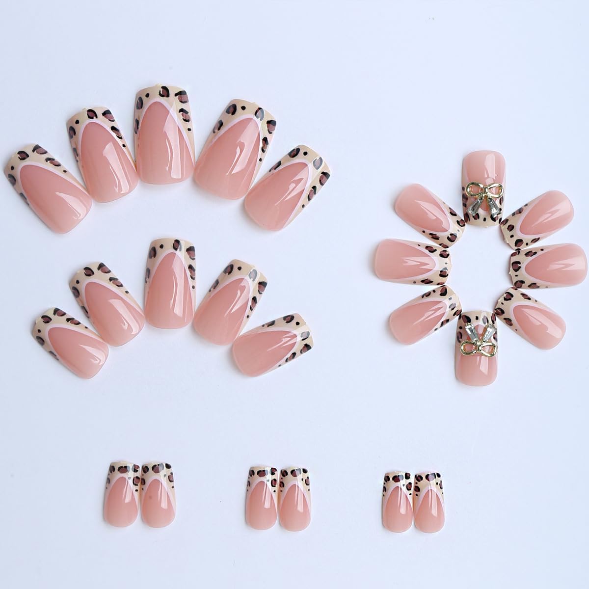 plalely Square Press on Nails Medium Nude Fake Nail Leopard Acrylic Nail Press ons Bow Stick on Nail for Women 24pcs
