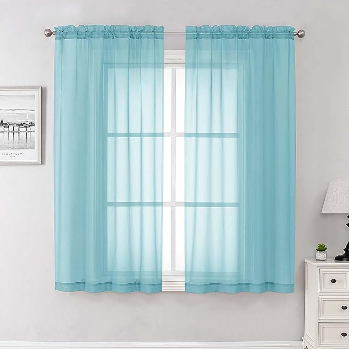 Lecloud Aqua Sheer Curtains for Living Room 63 Inch Length 2 Pcs, Voile Light Filtering Modern Farmhouse Decor Drapes, Rod Pocket Window Curtains for Bedroom Dining Room, Each Panel 42" W x 63" L