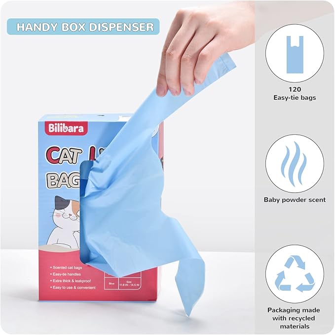 Bilibara Cat Litter Bags, 120 Count, Ultra Thick, Scented, Leak-Proof, Disposable, 15 Liters Capacity