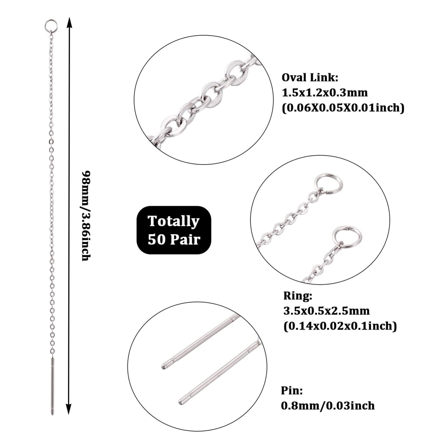 Pandahall 50 Pairs 304 Stainless Steel Long Ear Threads 3.85 Inch Dangle Earrings Thread Long Chain Earrings with Loop for Women Jewelry Earring Making