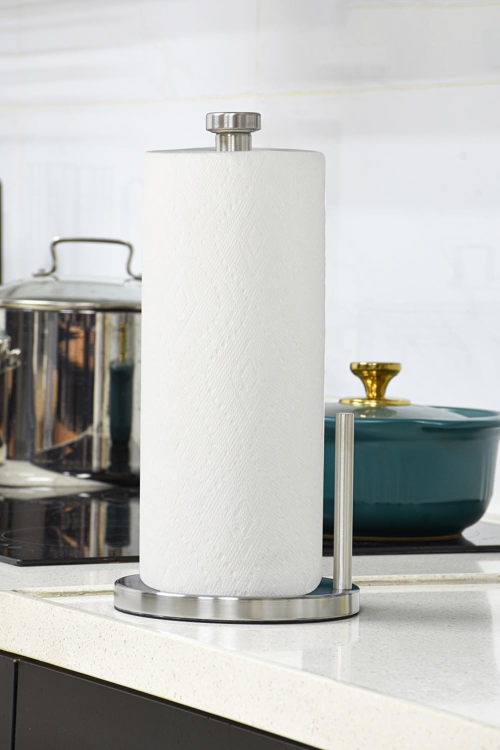 Steelware Central Paper Towel Holder with Side Rod, Stainless Steel, Easy Tear Dispenser for Home Kitchen Countertop Tabletop (Silver)