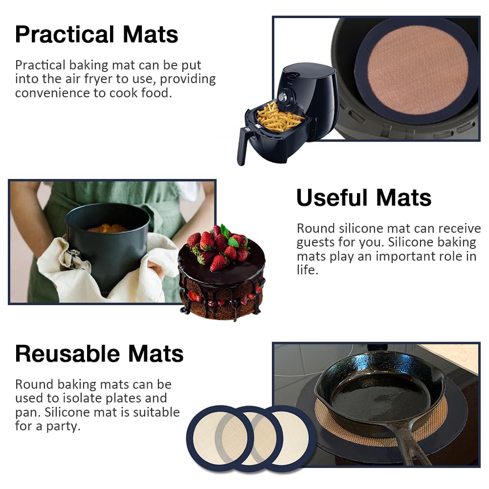 Eolilim 3PC Round Silicone Baking Mats, 8 inch Silicone Mats for Baking Easy to Clean, Reusable Baking Mats, Silicone Circle Mats for Cake Pan