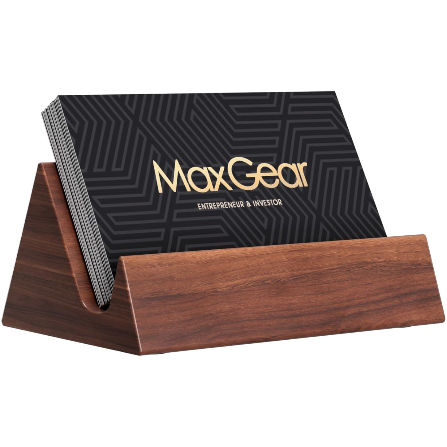 MaxGear Walnut Wood Business Card Holder, Wooden Desk Organizer for Storing & Displaying Business Cards, Elegant Mountain Design with Non-Slip Base for Office