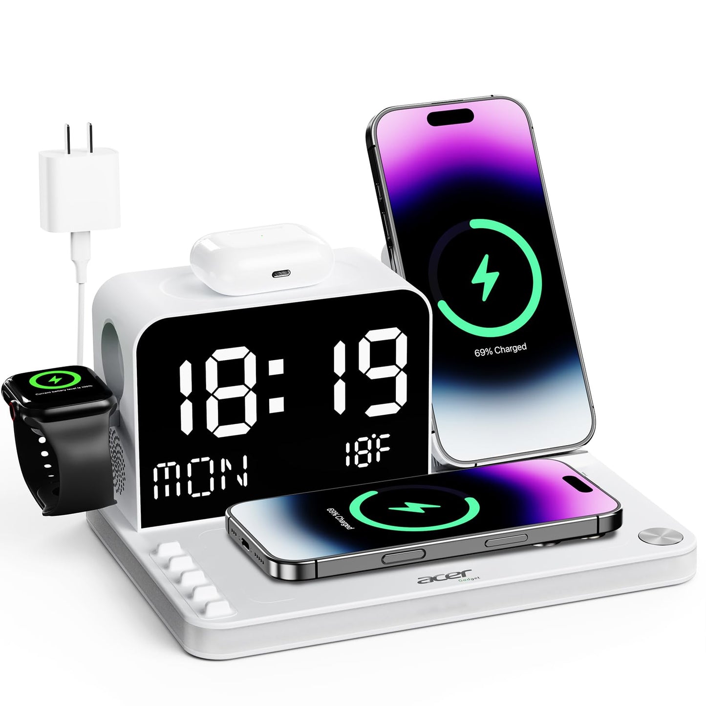 Acer 7-in-1 Wireless Charging Station with LED Clock - 30W Fast Wireless Charger for iPhone 16/15/14/13/12/Pro Max, Apple Watch, AirPods - Bluetooth Auto Time Sync & Night Lights (White)
