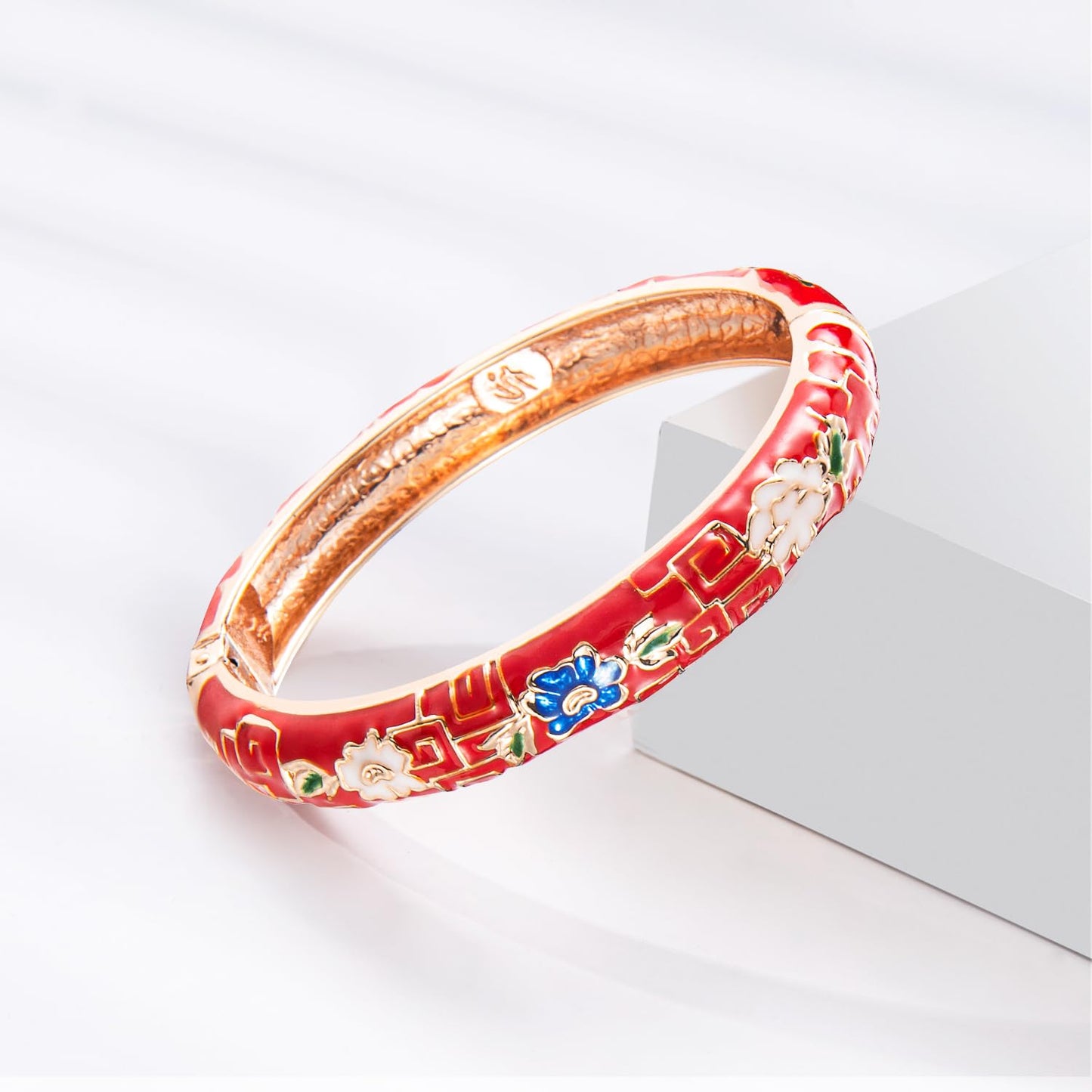 UJOY Womens Enameled Cloisonne Bracelet Gold Plated Flower Enameled Hinged Cuff Bangles Jewelry Gift 55A-3PCS red