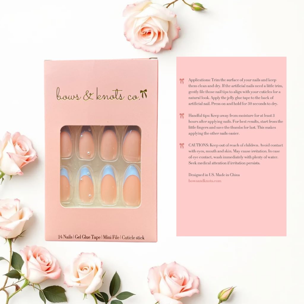 24 Pcs Press On Nails Short, Soft Gel Fake Nails, Glossy, Durable & Reusable, Easy to Apply Glue On Nails for Women By Bows And Knots
