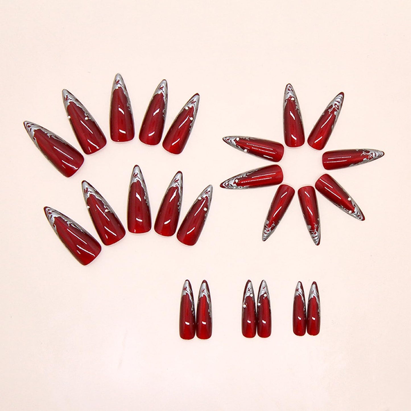 24Pcs Wine Red Press on Nails Long Pointed Almond Fake Nails French Nails Tip with Irregular Silver Design Glossy Y2k Acrylic False Nails Irregular Goth Artificial Nail Glue on on Nails for Women