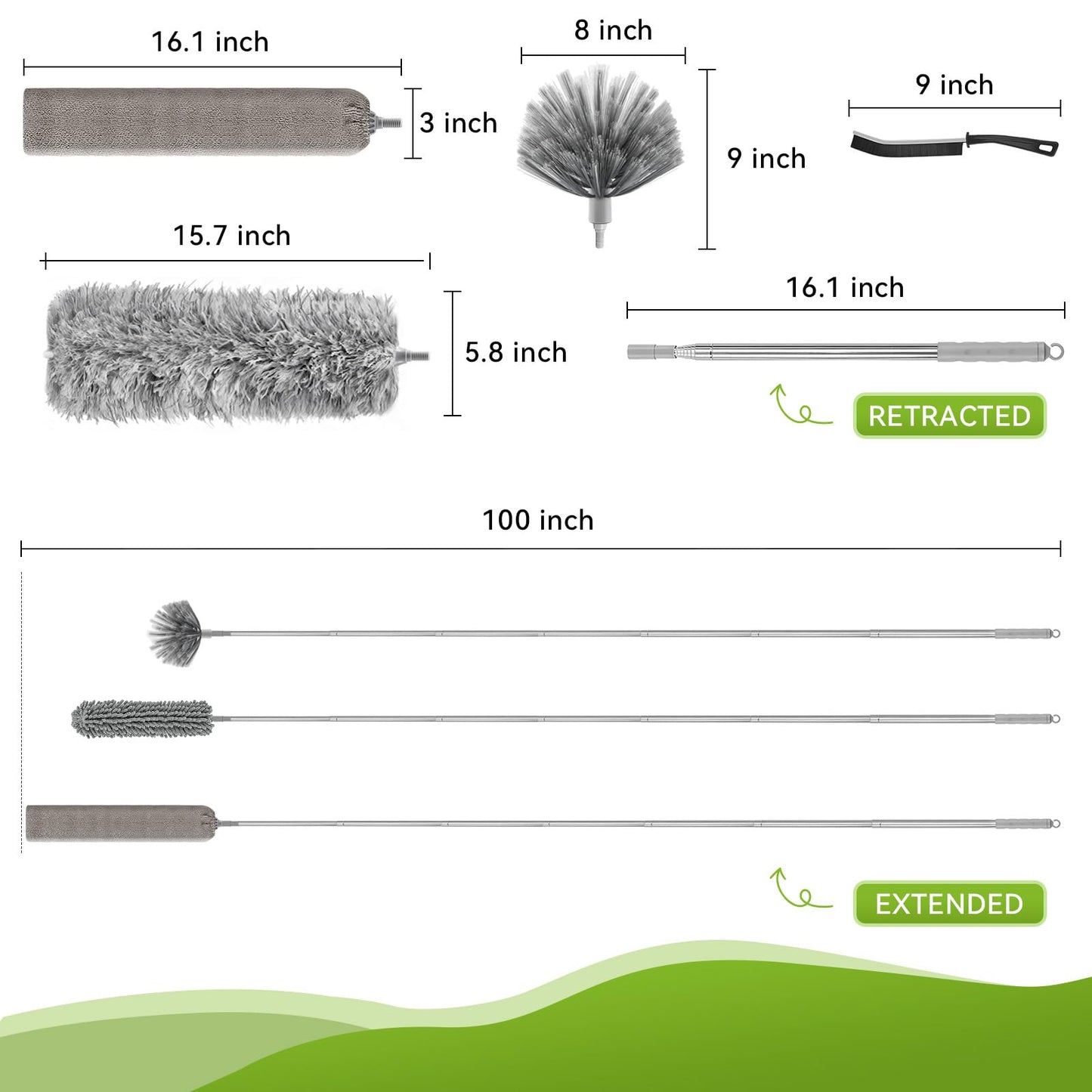 MimAuto 100-inch Duster with Extension Pole, 9-in-1 Cobweb Duster Kit Includes Spider Web Brush & Flat Gap Cleaner for High Ceiling, Fan, Under Appliances, Car, Home Deep Cleaning