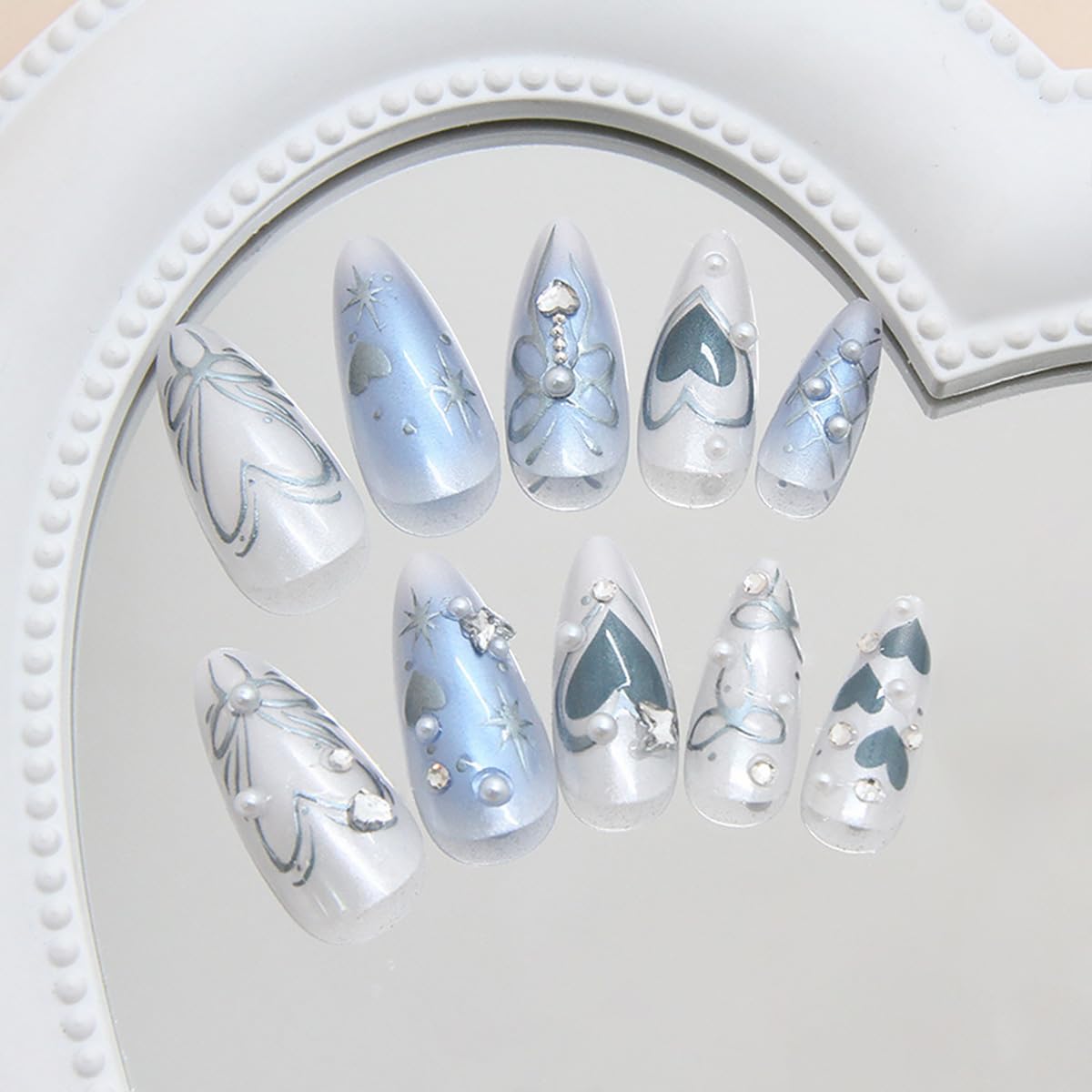 24Pcs Blue Heart Press on Nails Medium Almond Fake Nails with 3D Silver Gems Bow Star Design Cute Butterfly False Nails Full Cover Artificial Glue on Nails Gradient Handmade Stick on Nails for Women