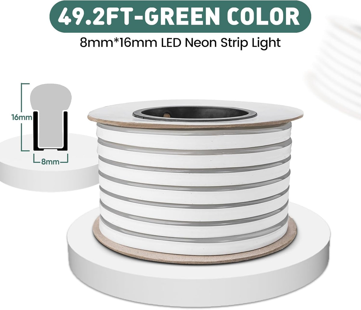 GZBtech Flexible LED Neon Rope Lights 50FT,AC 110-120V Waterproof Strip Light, 120 LEDs/M Cuttable Connectable Neon Lighting for Indoor Outdoor Home Decor/Commercial Building Use-Green 15M
