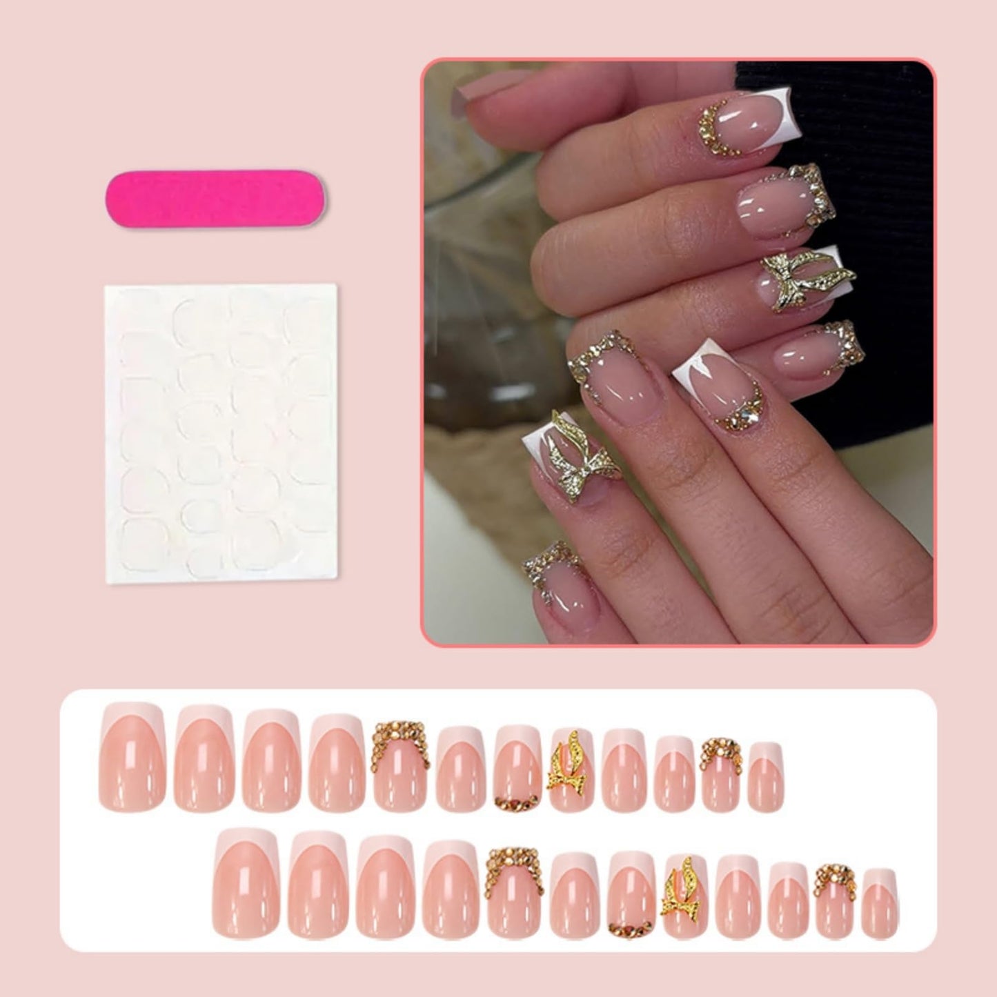 White French Tip Press on Nails Bow Fake Nails with Rhinestone Design Short Square False Nail Glossy Full Cover Reusable Artificial Acrylic Stick on Nail for Women Manicure 24Pcs