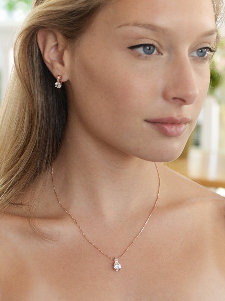 Mariell 14K Rose Gold Plated Round-Cut Cubic Zirconia Necklace Earrings Set for Brides, Bridesmaids & Everyday Wear