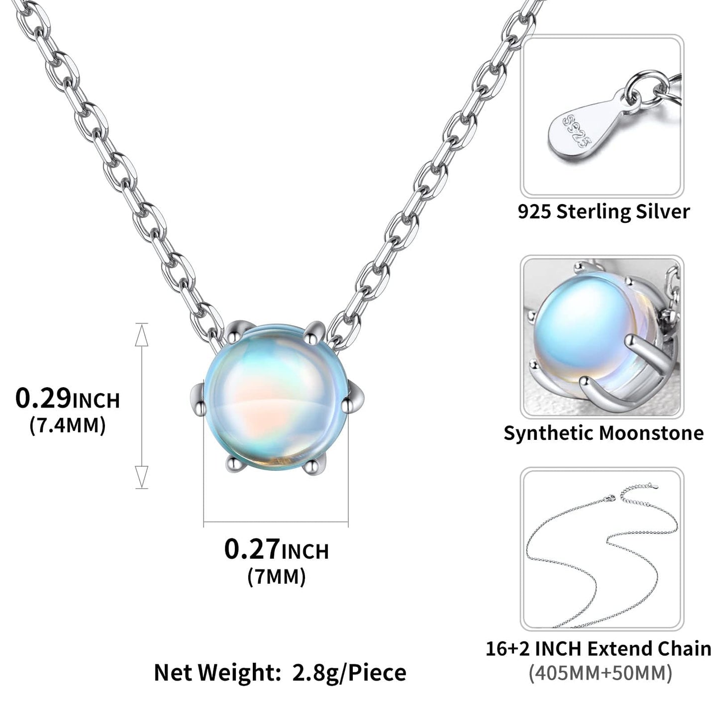 ChicSilver Moonstone Necklace 925 Sterling Silver Round Cut Gemstone Solitaire Pendant Necklace June Birthstone Jewelry for Women