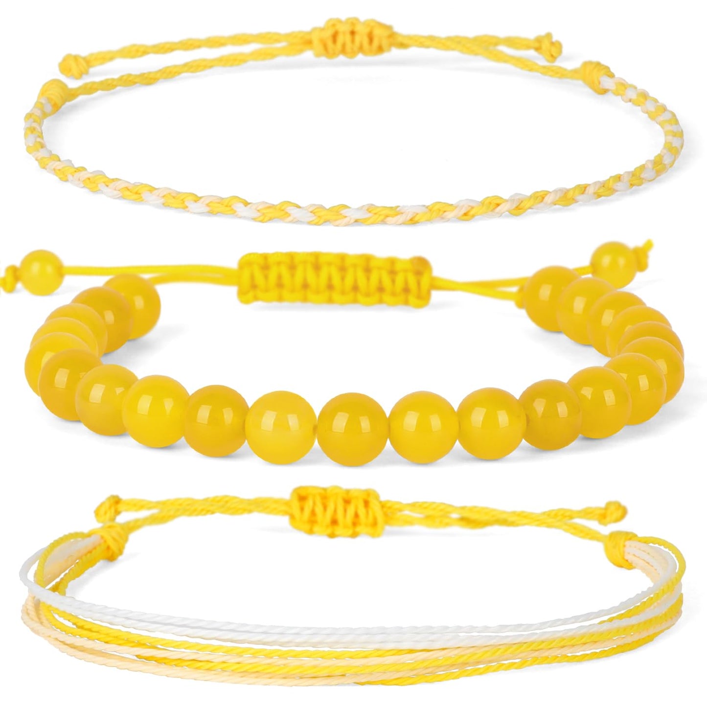 QOGIR Handmade Healing Bracelets,8mm Natural Yellow Agate Gem Stone Beads Bracelet for Men Women Gifts with 2PCS Size Adjustable Rope Bracelets