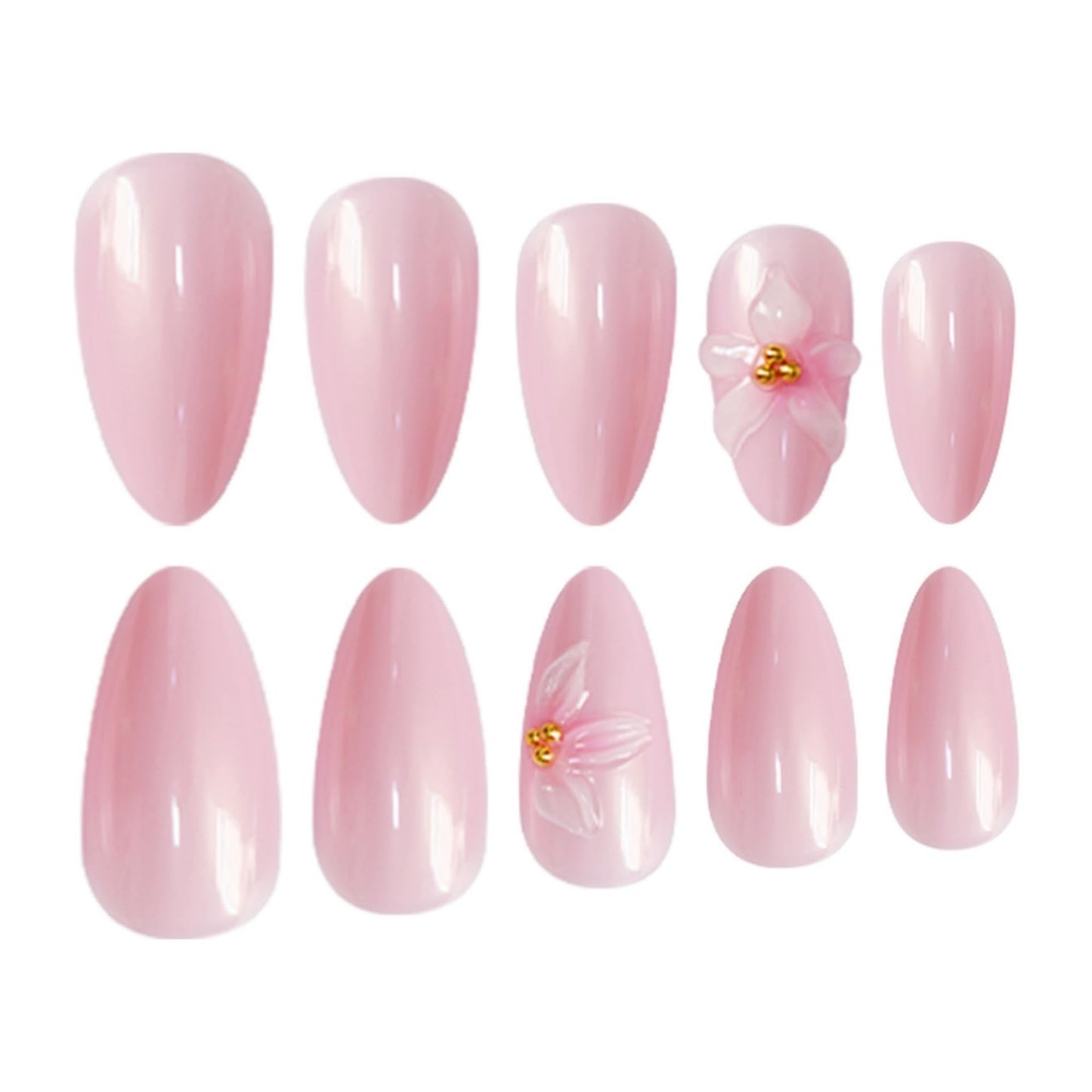 SEENEEY Almond Press on Nails Long Fake Nails Pink Floral Stick on Nail for Women 24pcs