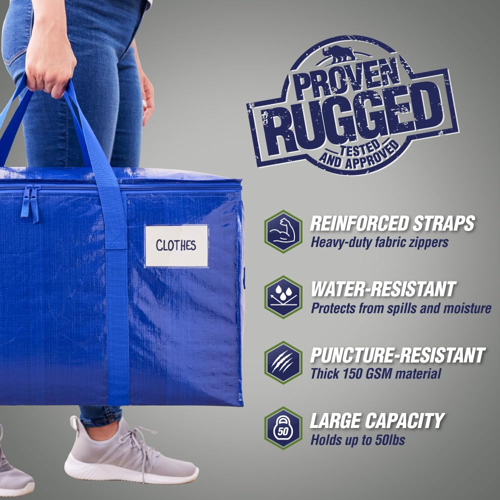 RUGGED RHINO Heavy Duty Extra Large Blue Moving Bags, Durable Bag with Strong Handles and Zipper, Moving Boxes Alternative for College Packing, Holiday Décor, Space Saving Storage with Label, 2 Pack