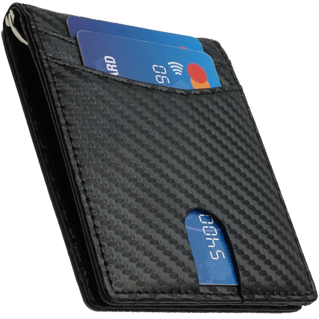 ZOELON Slim RFID Wallet for Men – Front Pocket Bifold with Money Clip & ID Window, Carbon Fiber Look, Gift Box