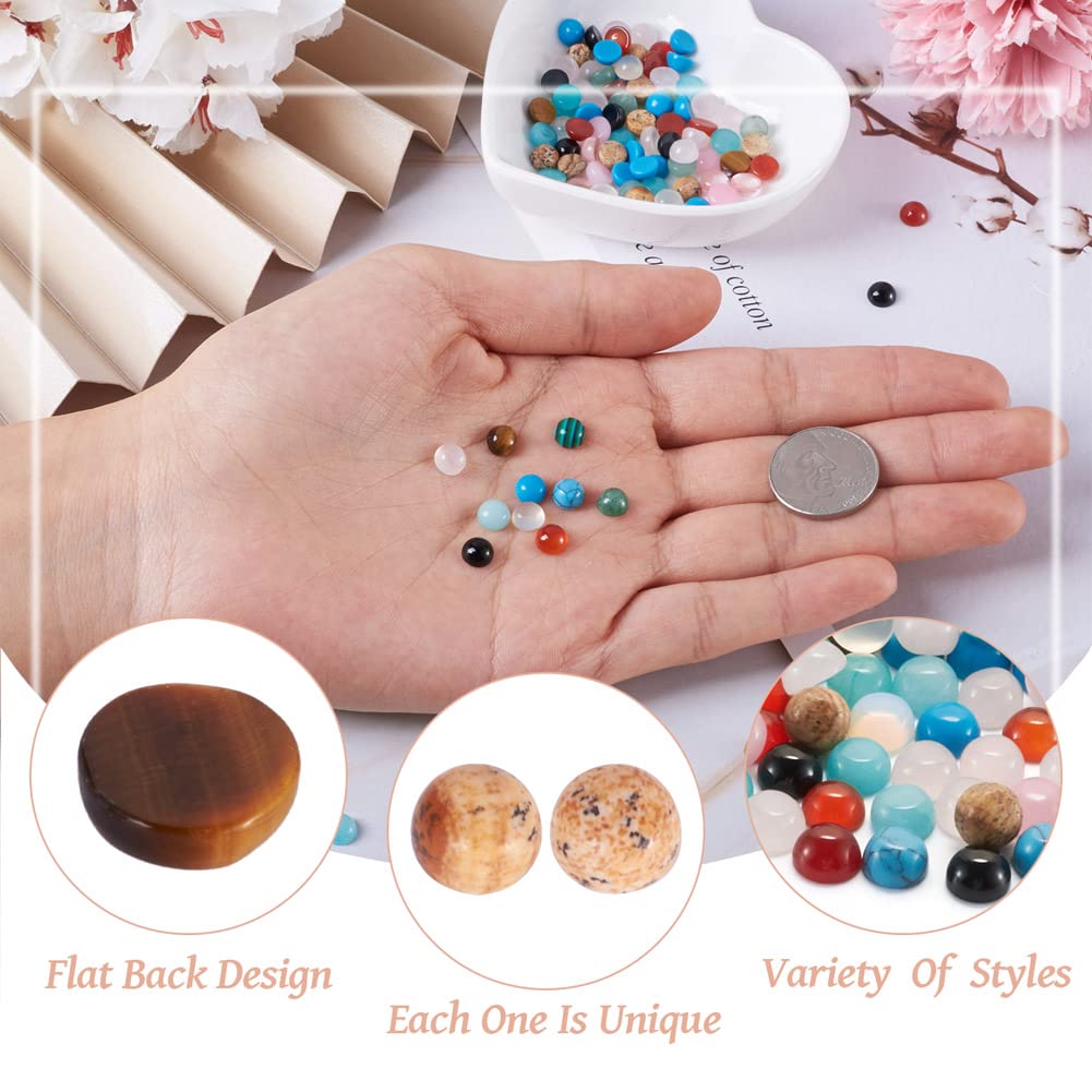 Fashewelry 100Pcs Cabochon Stone Half Round Beads 6mm Tiny Flat Back Gemstone Chakra Healing Crystal Cabs Cover Random Mixed Styles for Jewelry Making