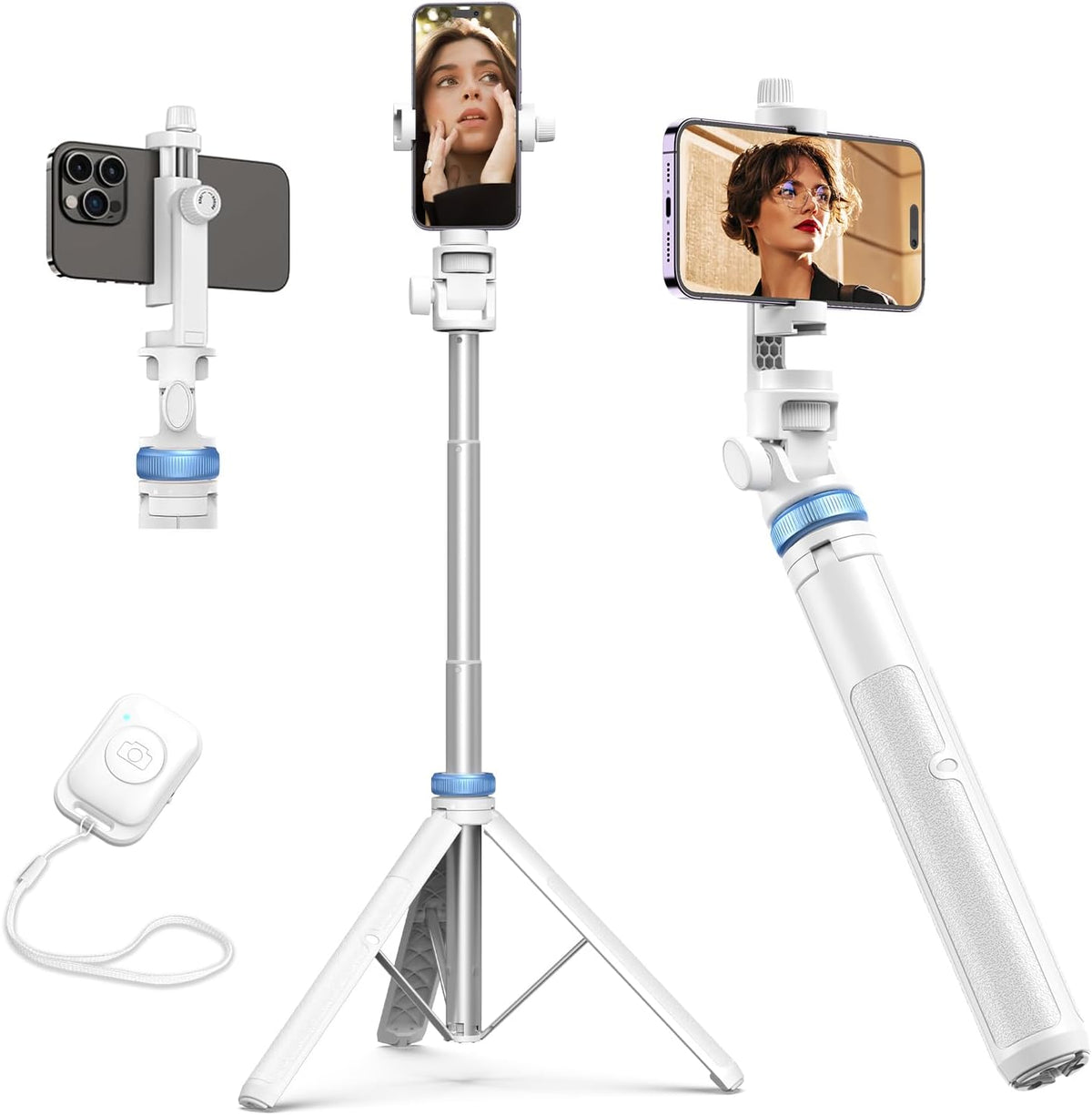 Kaiess 62" Phone Tripod & Selfie Stick, Extendable Photography Light Stand with Wireless Remote, Solidest, Portable, Lightweight, Compatible with iPhone/Android Phone (White)