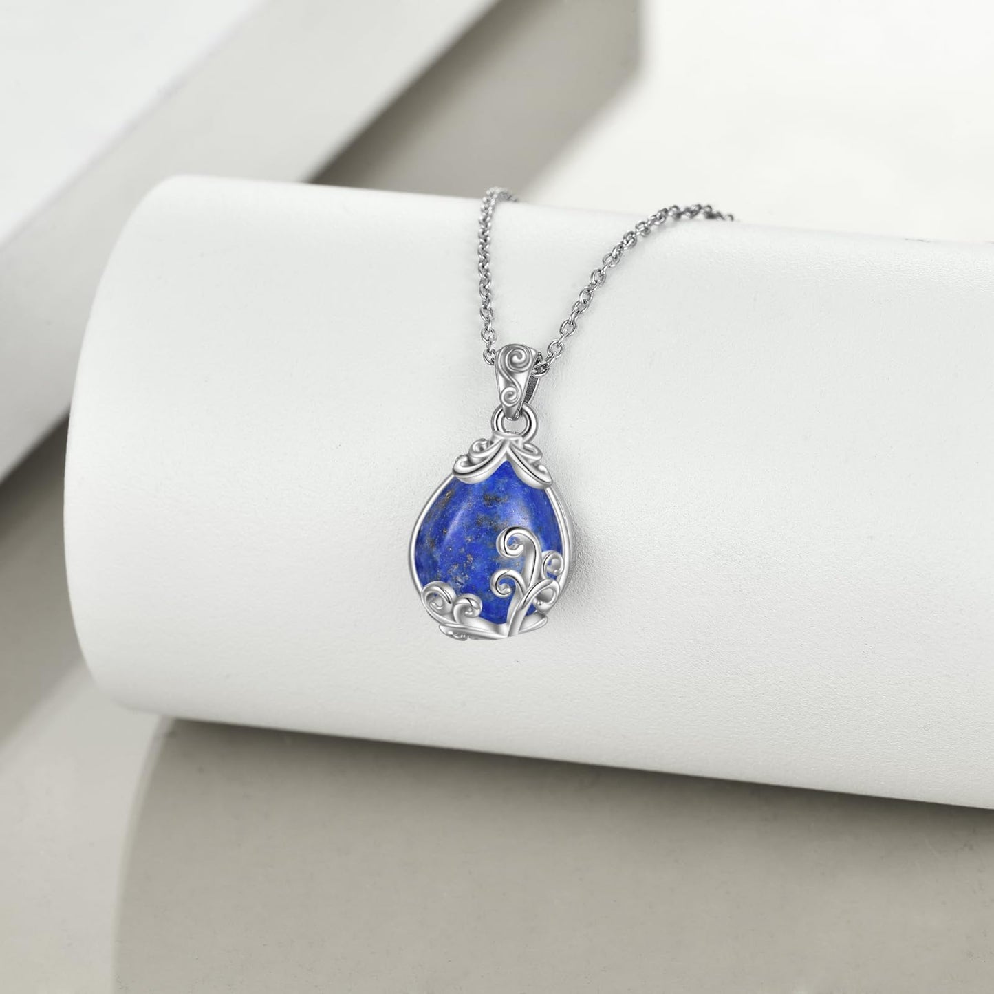 POPLYKE Sterling Silver Lapis Lazuli Filigree Teardrop Pendant Necklace Gemstone Crystal Jewelry for Women