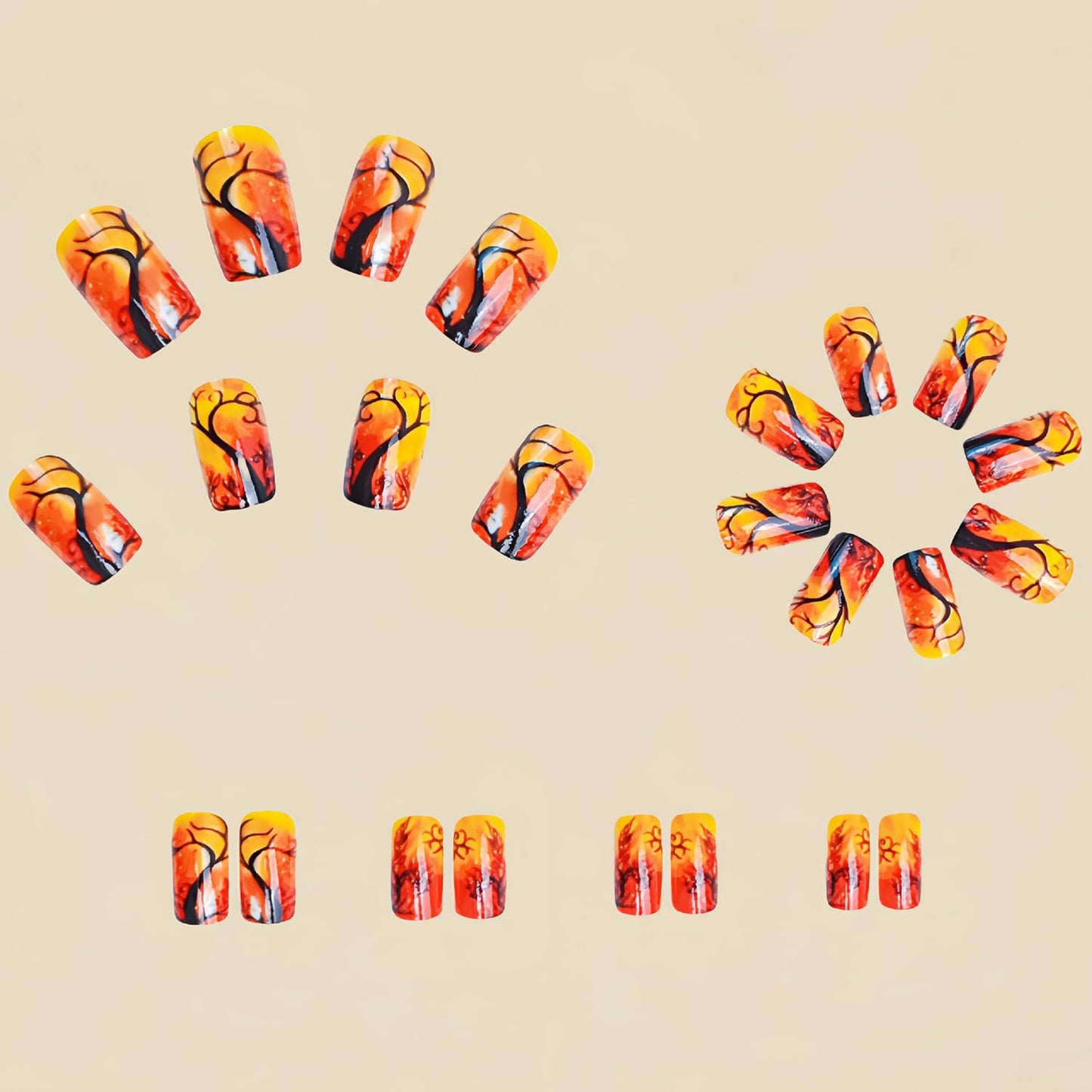 CJDLTS Press on Nails Medium Black Forest Design Orange Square False Nails Glitter Artificial Full Cover Acrylic Coffin Reusable Glue on DIY Stick on for Women 24Pcs