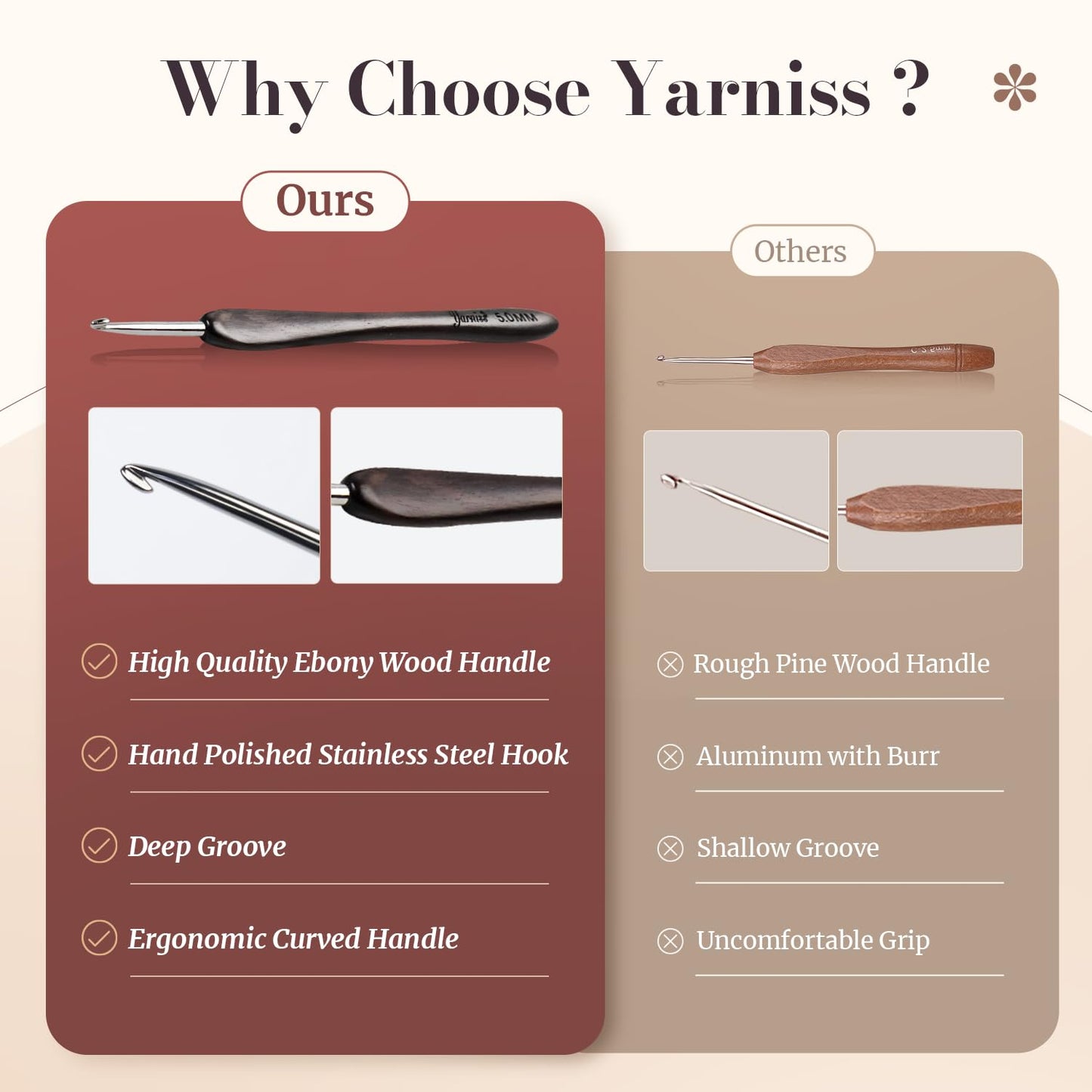 Yarniss Artisan Stainless Steel Crochet Hooks Set,2.0-4.0mm Handmade Crochet Needle with Ebony Handle for Beginners,Gift for Crocheter