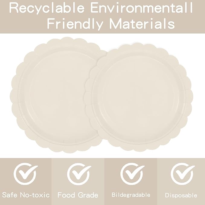 140Pcs Ivory Plates and Napkins, Beige Party Supplies Include Scalloped Cream Paper Plates Napkins Cups Thanksgiving Plate Set for Birthday, Wedding, Bridal&Baby Shower (Ivory white)