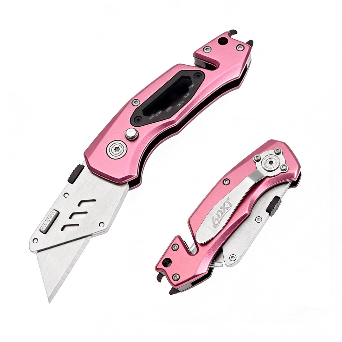 Utility Knife Folding Safety Lock Quick Change with 10 Extra SK5 Replacement Blade Lightweight Aluminum Handle & Pocket Clip Multi-Use Box Cutter Office Home Art Diy Great Gift Choice (UPG.V.Pink)