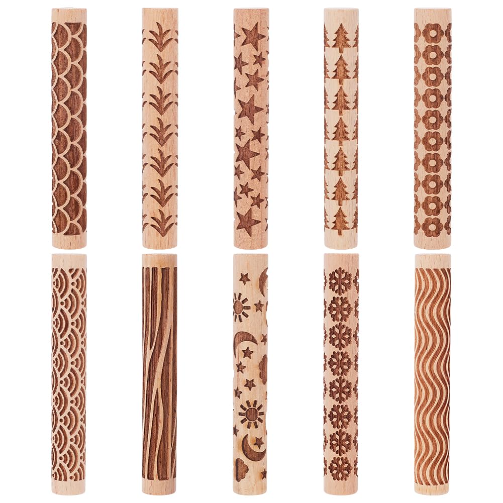 UNICRAFTALE 10Pcs Wooden Clay Texture Rollers Set for Pottery 10 Styles Ceramics Potters Stamp Roller Tools 102mm Textured Rolling Pins Modeling Pattern Rollers Kit for DIY Handmade Art Supplies