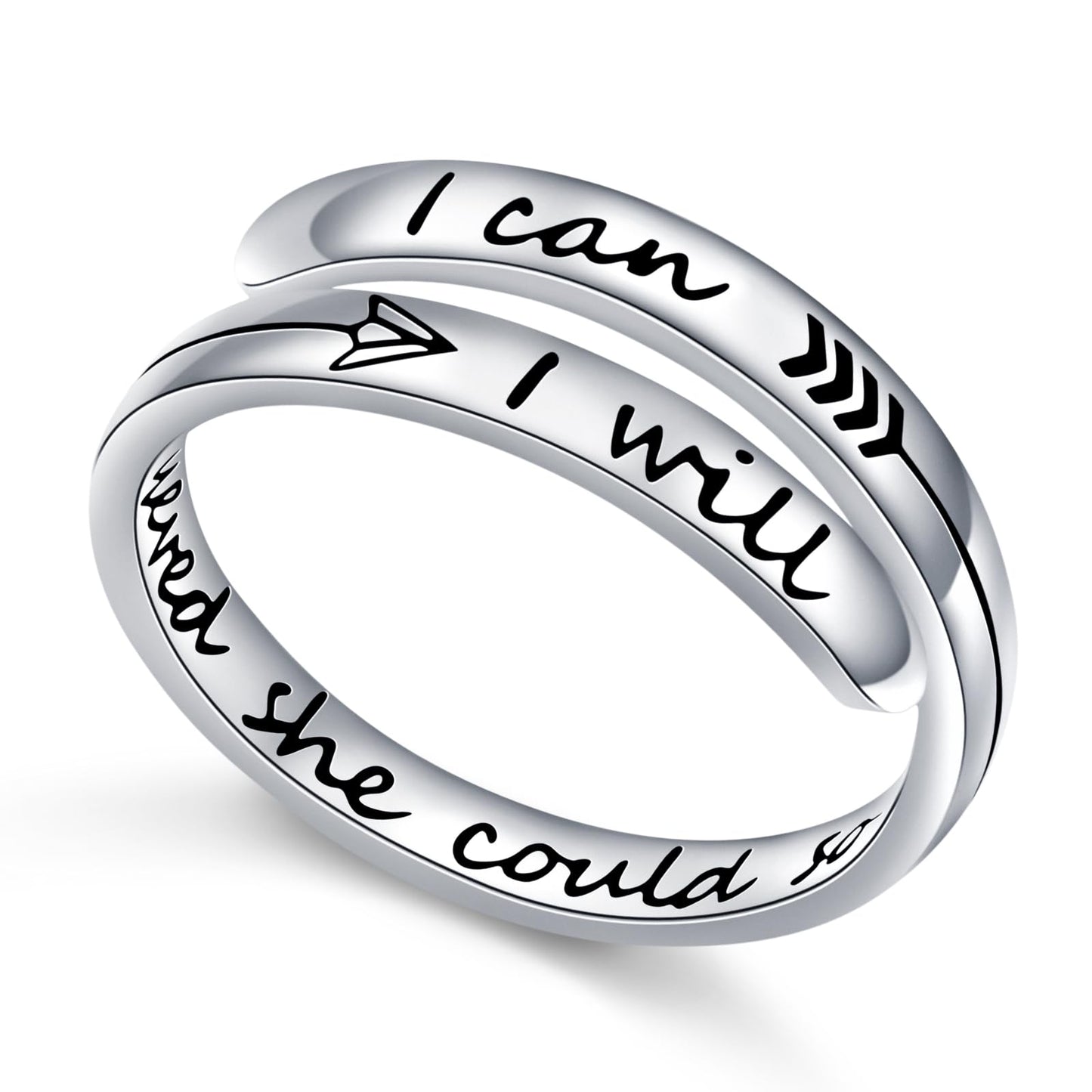 Ladytree Adjustable Inspirational Rings 925 Sterling Silver Stacking Wrap Spiral Twist Statement Band Encouragement Ring for Women Men(She believed she could so she did,I can I will)