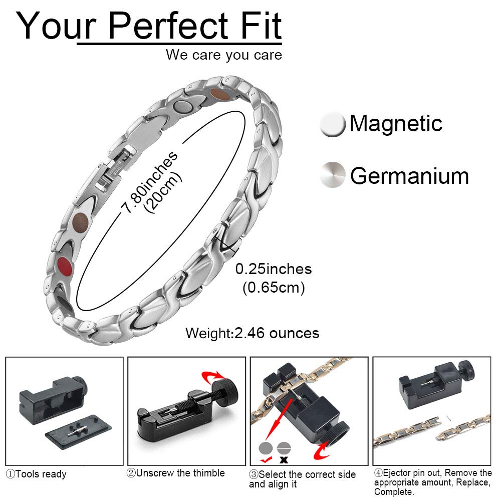38 Elegant Titanium Magnetic Bracelet for Women Germanium and Magnetic Functions with Free Link Removal Tool Christmas gift (Silver)