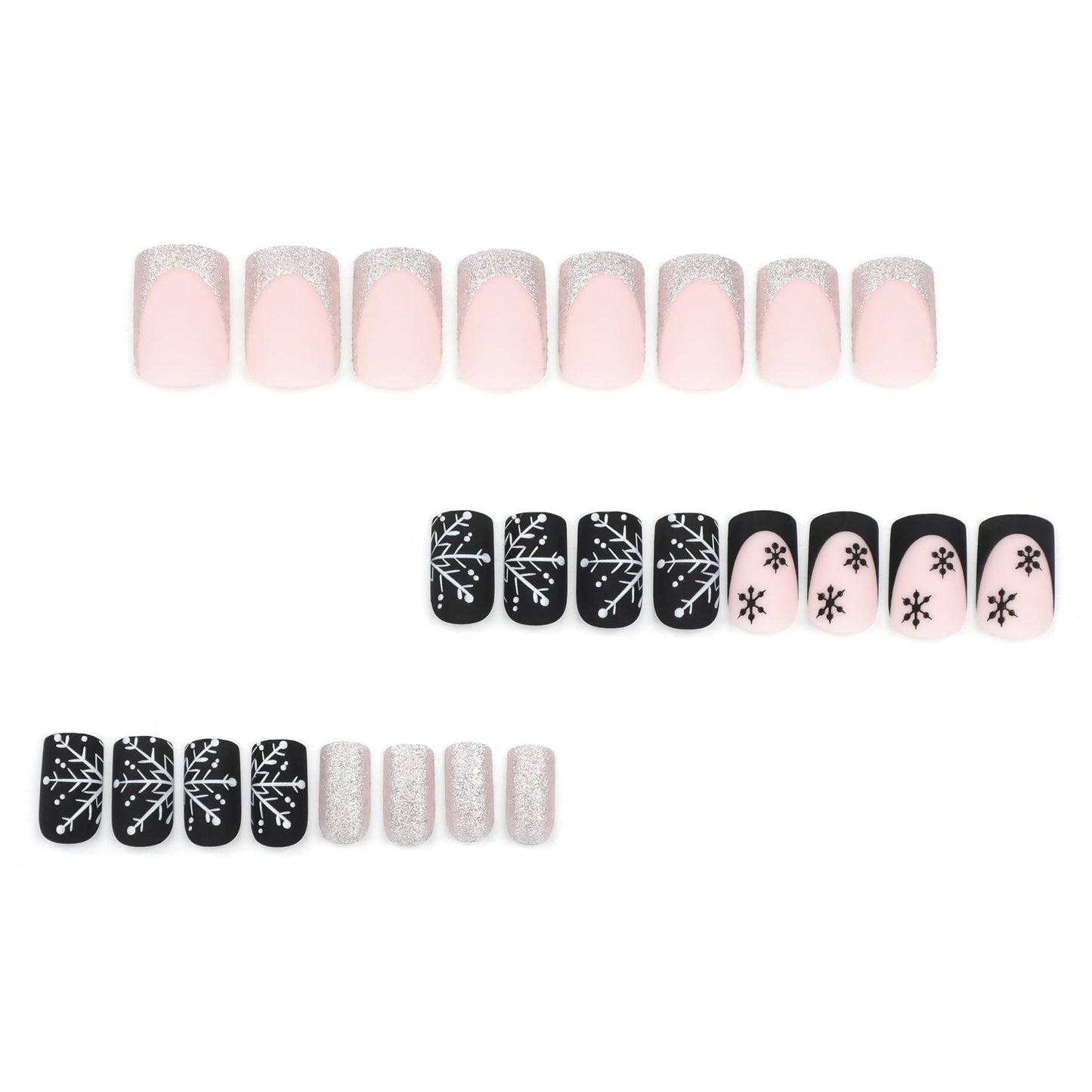 Snowflake Press on Nails Medium Square Fake Nails Black French Tip Nails Press ons Silver Glitter Acrylic Nails Short Stick on Nails Snowflake Glue on Nails for Women Girls 24Pcs
