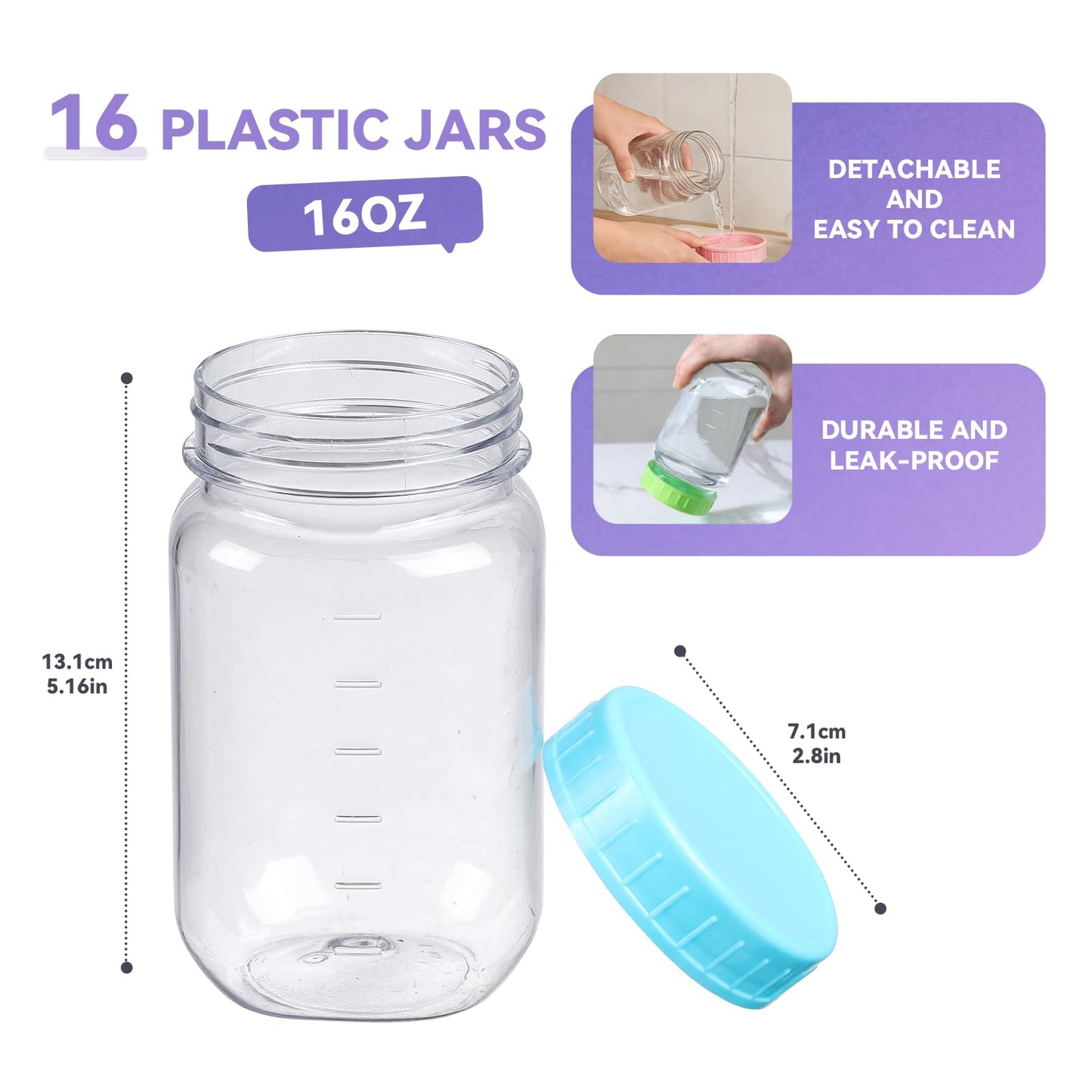 novelinks 16 oz Plastic Mason Jars with Colorful Lids, Leakproof 16oz Clear Plastic Jars with Lids, Reusable Storage Containers for Household Use (16 Pack)
