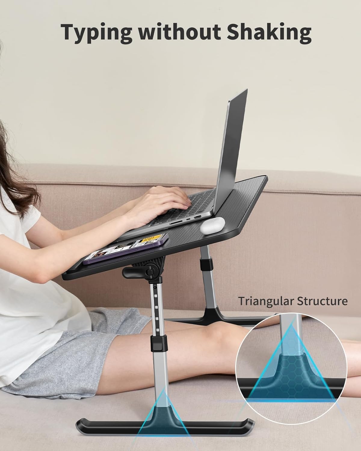 Desk, Table, SAIJI Adjustable Laptop Stand, Breakfast Tray, 5 Heights, 4 Angles, Stable Folding Table for Bed Sofa Desk, Suitable for Laptops up to 17 Inches (60 x 33 cm Black)