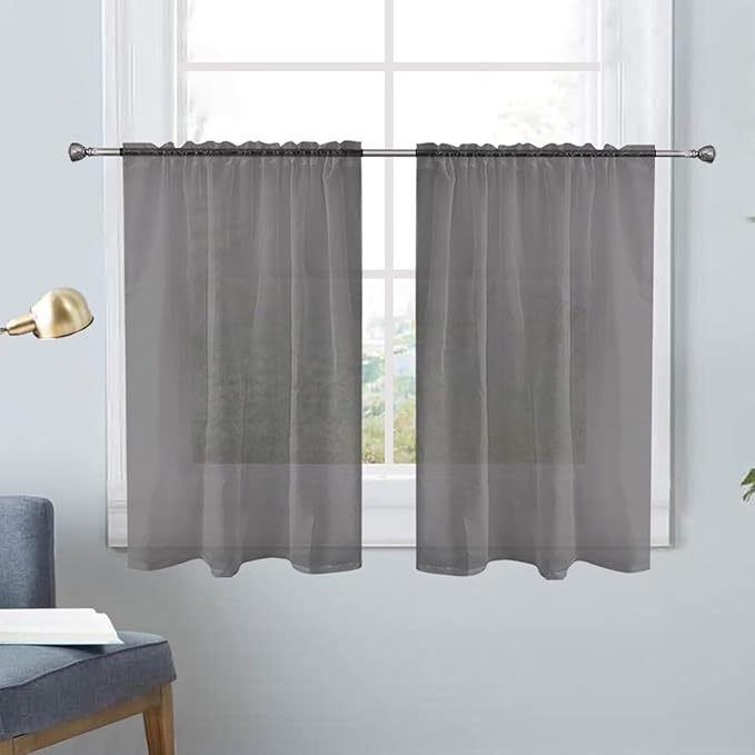 SpaceDresser Basic Rod Pocket Sheer Voile Window Curtain Panels Grey 1 Pair 2 Panels 26 Width 30 Inch Long for Kitchen Bedroom Children Living Room Yard(Grey,26 W x 30 L)
