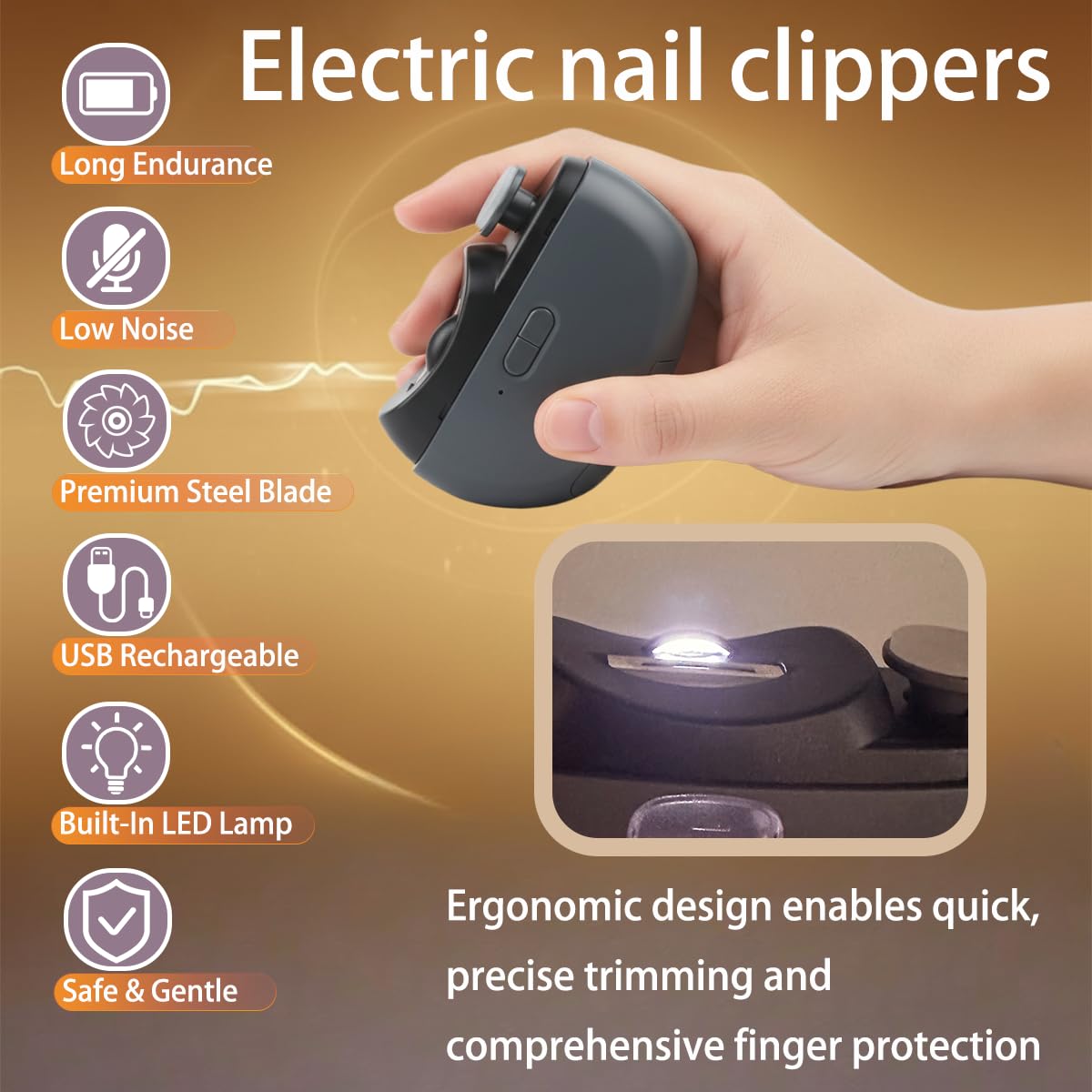 Electric Nail Clipper - 3 in 1 Upgraded Smart Trimming & Polishing Nail Clipper with 2 Adjustable Speeds, LED Light & Chip Collecting Box, Suitable for Children, Elderly（Gray）