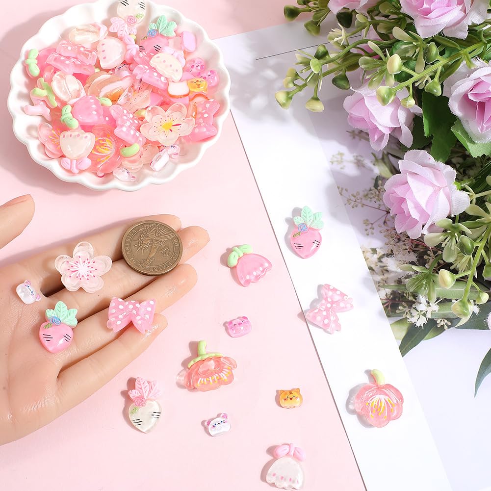 SOFPLATE 120Pcs 7 Styles Pink Candy Charms Resin Flat Back Cabochons Cute Embellishments DIY 3D Kawaii Resin Flatback Decoden Cabochons Cell Phone Case for for DIY Crafts Ornament Scrapbooking