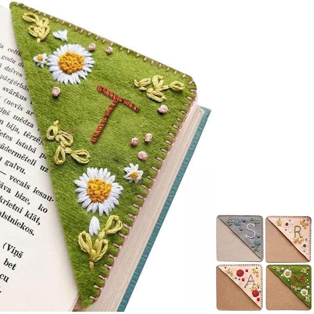 Personalized Hand Embroidered Corner Bookmark, 26 Letters Cute Flower Embroidered Corner Bookmark Embroidery Book Marker Clip for Book Lovers Bookmarks for Reading Lovers Meaningful GIF (Summer, T)