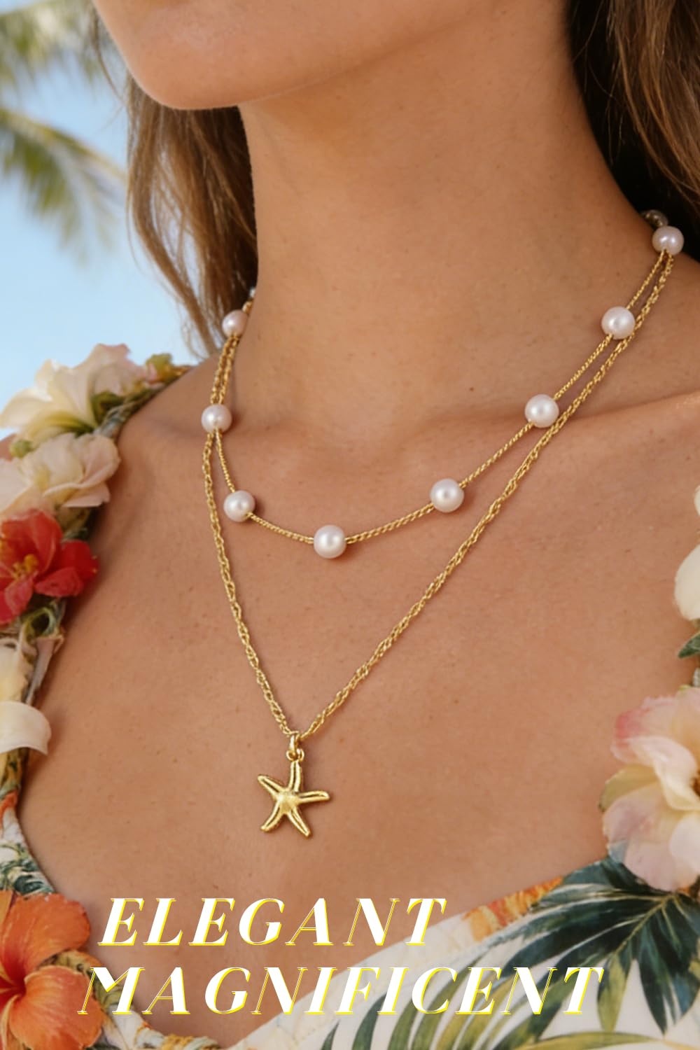 Beach Layered Starfish Necklace for Women, 14K Gold Plated Shell Conch Seashell & Pearl Charm Pendant, Dainty Coastal Summer Vacation Jewelry