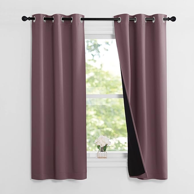 NICETOWN Dry Rose 100% Blackout Lined Curtains, 2 Thick Layers Narrow Wide Window Treatment Panels Thermal Insulated Drapes for Kitchen Small Window (1 Pair, 37" Width x 63" Length Each Panel)