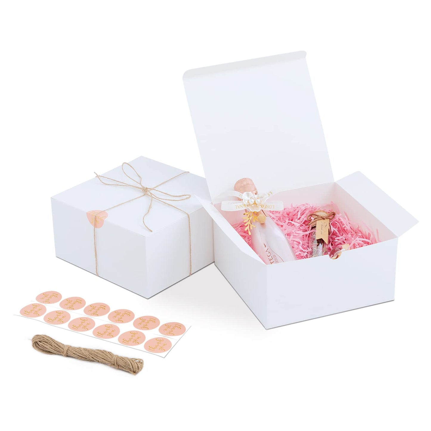 YUEFANBOX 12 Pack White Gift Boxes, 8x8x4in, with Lids, 80ft Twine, Stickers & Tape, Easy Assemble for Bridesmaid Proposal, Wedding, Party Favors
