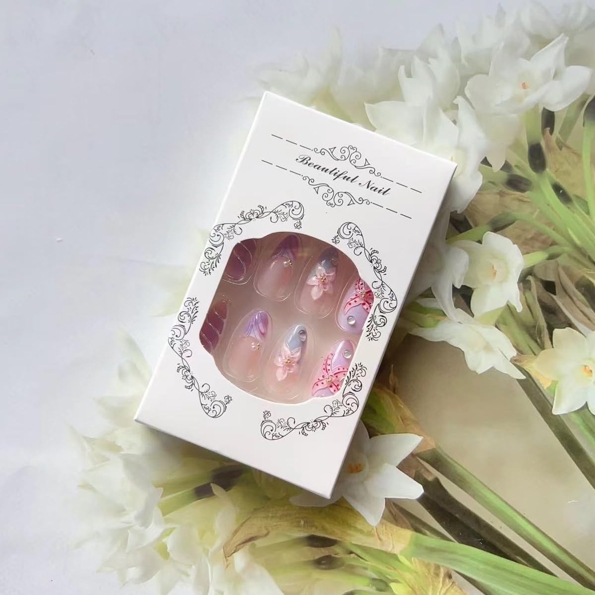 3D Almond Press on Nails Medium Fake Nails Glossy Purple False Nails with Flower Pearl Design Acrylic Glue on Nails Full Cover Stick on Nails Summer Artificial Nails for Women Girls Manicure 24Pcs