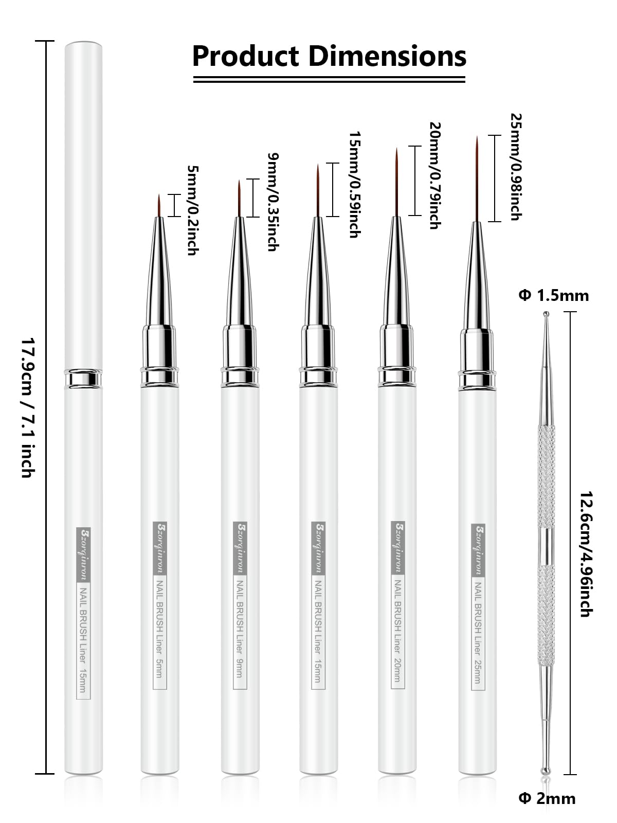 Nail Liner Brush, Fine Line Nail art Brushes 5/9/15/20/25mm Thin Line Nail Brushes Detail Drawing, Liner Brush for Nails Gel (White)