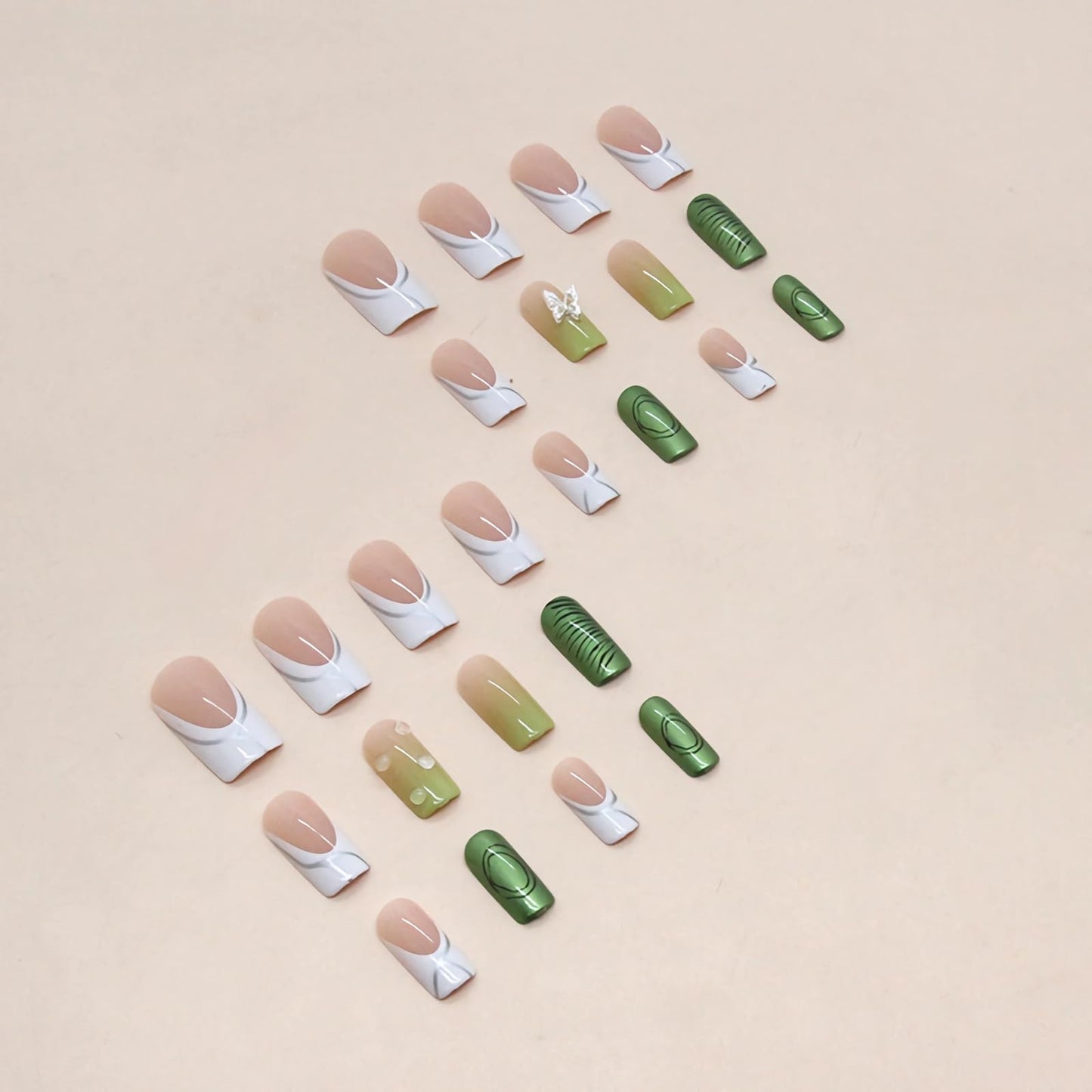 BABALAL Square Press on False Nails Medium Fake Nails Green Glue on Acrylic Nails 3D Butterfly Rhinestone French Tip 24Pcs for Women and Girls