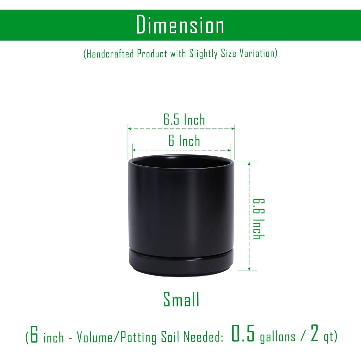 D'vine Dev Set of 2 Plants Pots, 6.5 Inch Ceramic Planter Pot for Plants with Drainage Hole and Saucer, Black, 94-V-C-2