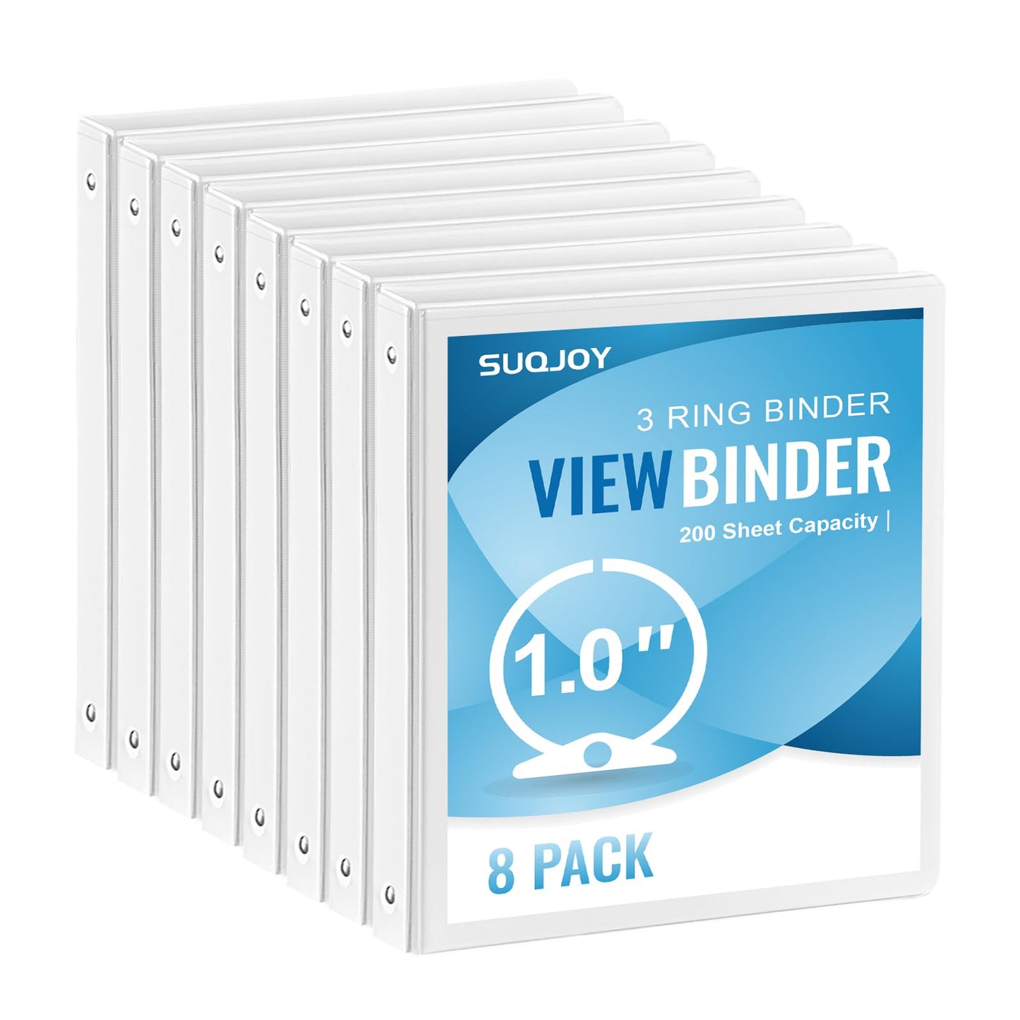 SUQJOY Durable 1-inch 3-Ring Binder, 1 Inch Round Ring Binder with 2 Inside Pockets, 8 Pack White Binder, Clear View Cover Binder Holds 8.5'' x 11''Paper for Office/Home/Back to School