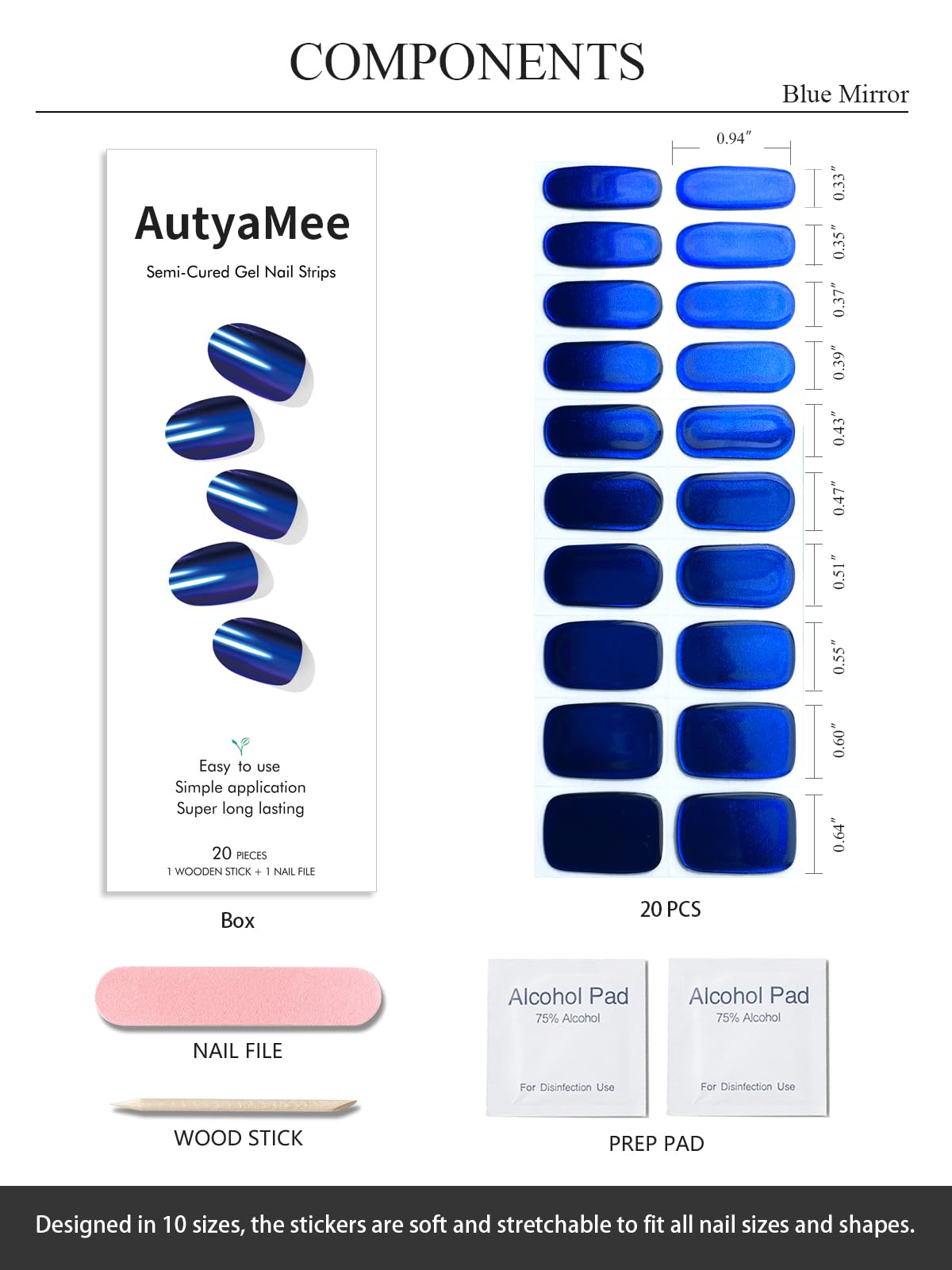 AutyaMee Semi Cured Gel Nail Strips (Blue Mirror), Chrome, 20 Pcs Gel Nail Wraps, Stickers, Salon Quality, Long Lasting, Works with Any UV Lamps