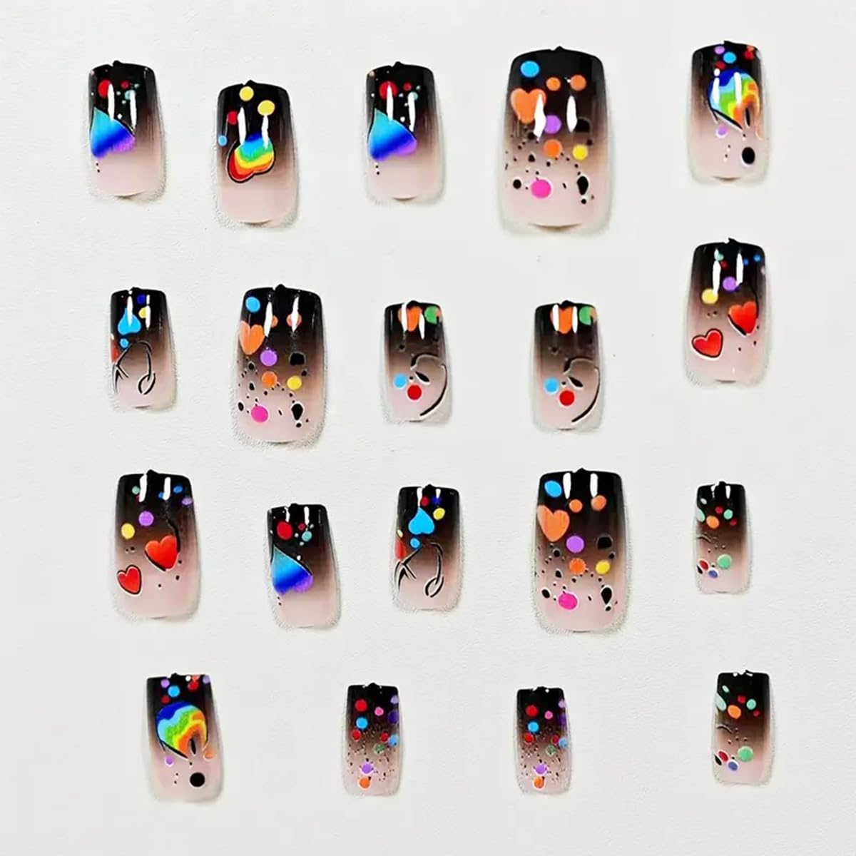 Medium Square Press on Nails Valentines Fake Nails with Colorful Heart Designs Reusable False Nail Pink Black Gradient French Tip Glue on Nails Full Cover Acrylic Artificial Nail for Women 24Pcs